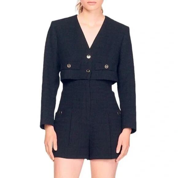 Sandro Seal Tweed Romper Black Long Sleeve Button Pockets V Neck 36 4 S - Picture 12 of 14